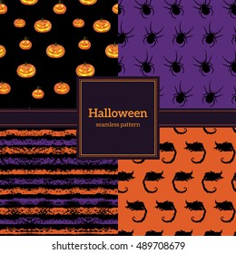 Set of halloween backgrounds. Collection of seamless patterns in the traditional holiday colors. Vector illustration.