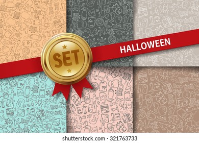 Set of Halloween backgrounds with hand drawing icons in different colors