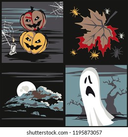 Set of Halloween backgrounds with pumpkin, Ghost, spider, gloomy pattern, banner, card. Vector illustration