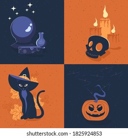 Set of Halloween backgrounds with pumpkin, witch cat, magic ball, candles and skull