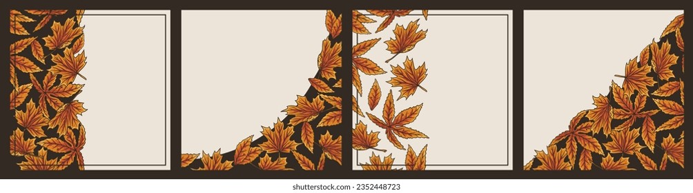 Set of Halloween backgrounds with seamless pattern with autumn leaves for banners and postcards. October collection with season design backgrounds for halloween party and decoration of holiday market