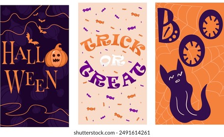 conjunto de fondos de halloween, para Web, para historias Instagram y redes sociales, para invitaciones, para imprimir, para tarjeta, para niños, Ilustración vectorial, tres fondos, truco o trato, naranja y violeta