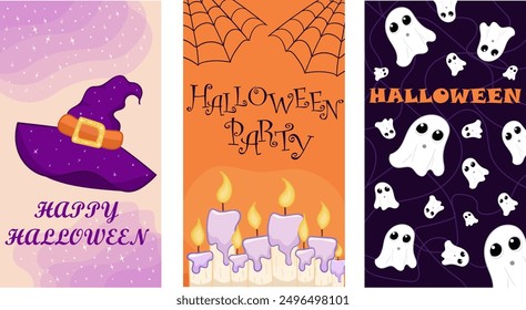 conjunto de fondos de halloween, para el Web, para historias Instagram y redes sociales, para invitaciones, para imprimir, para tarjeta, para niños, Ilustración vectorial, tres fondos, truco o trato, naranja y violeta