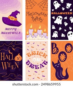 conjunto de fondos de halloween, para el Web, para historias Instagram y redes sociales, para invitaciones, para imprimir, para tarjeta, para niños, Ilustración vectorial, seis fondos, truco o trato, naranja y violeta