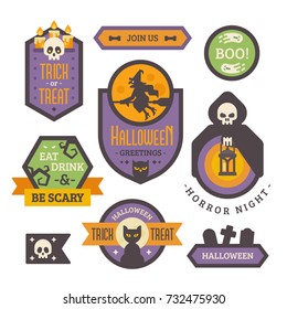 Set of Halloween badges. Flat holiday elements and banners. Trick or treat. Retro Halloween labels