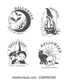 Set of Halloween badges and labels, postcards decorative design elements. Black and white line clean style. Flat vector.