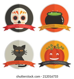 set of halloween badges with ribbons, isolated on white with transparencies