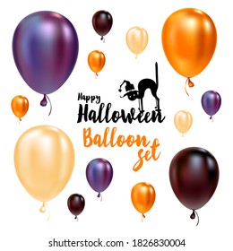 Set of halloween balloons and halloween logo with cat in hat.