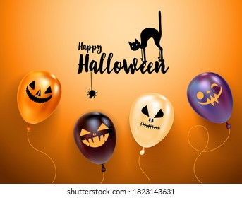 Set of halloween balloons with scary faces and halloween logo with cat in hat. Orange background. Greeting card, party invitation or sale banner template