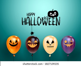 Set of halloween balloons with scary faces and halloween logo with cat in hat. Blue background. Greeting card, party invitation or sale banner template