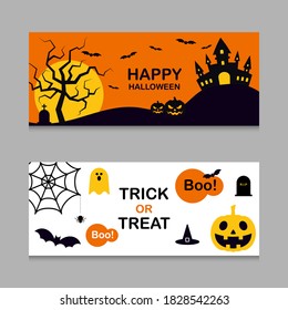 Conjunto de banner fondo de Halloween estilo de diseño plano decorativo con castillo, calabaza, telaraña, fantasma, ilustración vectorial