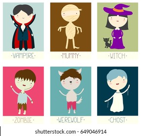 Set of Halloween banner, background, flyer, placard with cute zombie, werewolf, vampire, witch, ghost, mummy. Vector template card for greeting, decoration, congratulation, party invitation. EPS8