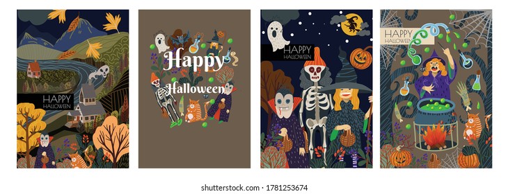 Set of Halloween banner or card with scary elements. Vector cartoon flat illustration