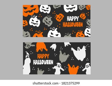 Set of Halloween banner with cute pumpkin and spooky ghost vector 