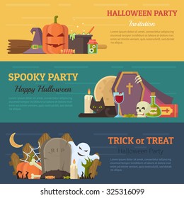 Set of Halloween banner, flyer or invitation. Vector flat design illustration