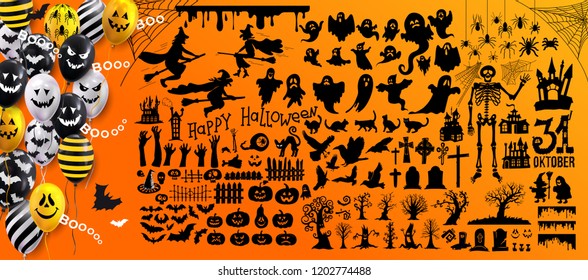 Set of Halloween Banner with ghost yellow and black balloons, spider and bat. Scary air balloons. Design for website spooky or banner template. Vector illustration. Isolated on yellow background.