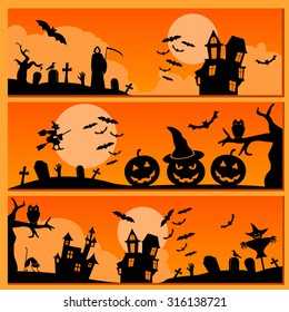 Set of Halloween banner. Holiday design. Vector illustration.