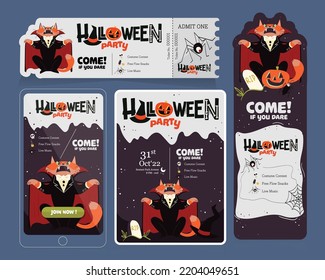 set of Halloween banner invitation and ticket with Dracula cat illustration