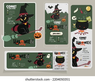 set of halloween banner invitation and ticket with flying witch cute cat illustration