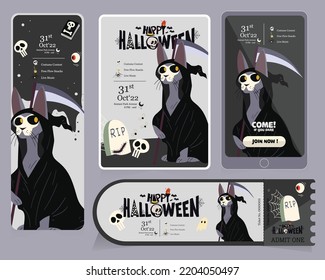 set of halloween banner invitation and ticket with grim reaper cute cat illustration