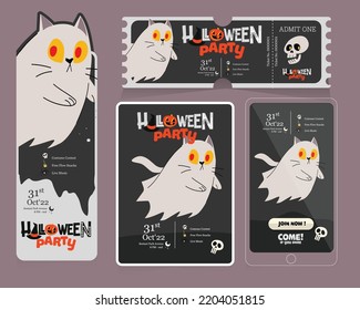 set of halloween banner invitation and ticket with white ghost cute cat illustration