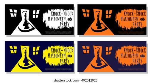 Set of Halloween banner isolated on white background. Scary death with scythe standing in door house. Cartoon style. Design for cards, posters, flyer or tickets on holiday party. Vector illustration.