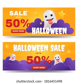 Set of Halloween banner sale. Promotional October campaign. 3d render cartoon vector. Cute ghost, stars, clouds.