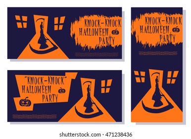 Set of Halloween banner. Scary death with scythe standing in door house and big shadow. Cartoon style. Design for cards, posters or tickets on holiday party. Vector illustration.