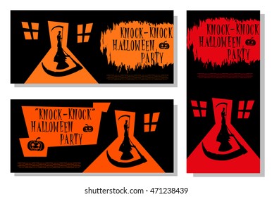 Set of Halloween banner. Scary death with scythe standing in door house and big shadow. Cartoon style. Design for cards, posters or tickets on holiday party. Vector illustration.