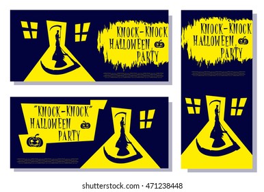 Set of Halloween banner. Scary death with scythe standing in door house and big shadow. Cartoon style. Design for cards, posters or tickets on holiday party. Vector illustration.
