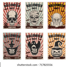 Set of halloween banner templates. Monster characters. Design elements for poster, card, banner. Vector illustration