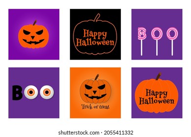 Set of Halloween banners. Background with pumpkin, sweets Boo on stick, 3D eyes, lettering Happy Halloween and Trick or treat. Scary vector illustration. Festive template for post, social media