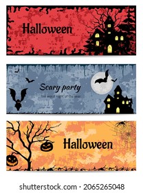 Set of halloween banners with bats and pumpkins on yellow, gray and red backgrounds. Scary Party Invitations
