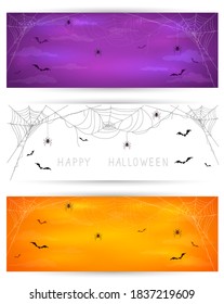 Set of Halloween banners with black spiders on cobwebs and flying bats. Purple, orange and white backgrounds. Illustration can be used for children's holiday design, cards, invitations and banners.