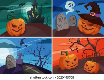 Set of Halloween banners in cartoon style. Different placards designs.