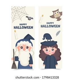 set of halloween banners with cute witch.