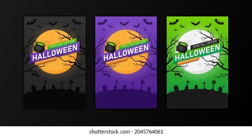 set of halloween banners of different color for sale or party invitation. vector illustration on dark gradient background.