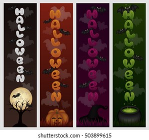 Set of Halloween banners with ghosts, magic cauldron, pumpkins, bats, moon and tree