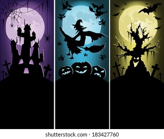 Set of Halloween banners with the haunted castle, flying on a broomstick  witch and old tree in the cemetery