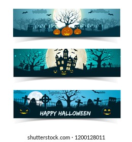 Set of halloween banners with haunted house cemetery lanterns of jack on moon background isolated vector illustration
