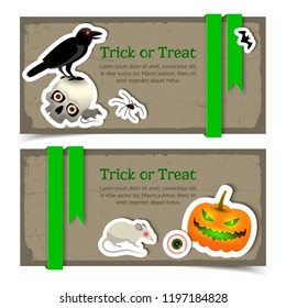 Set of halloween banners with holiday elements and animals green ribbon on grey background isolated vector illustration