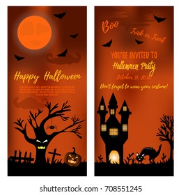 Set of Halloween banners with scare tree, castle, cat and pumpkins