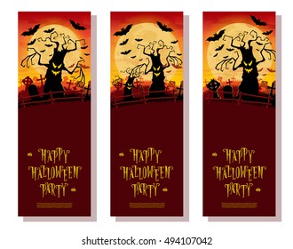 Set Halloween banners. Scary monsters trees on cemetery backdrop moon, bats and graves. Concept for poster, cards or invites on party. Cartoon style. Vector illustration. Isolated on white background