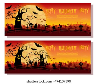 Set Halloween banners. Scary monsters trees on cemetery backdrop moon, bats and graves. Concept for poster, cards or invites on party. Cartoon style. Vector illustration. Isolated on white background