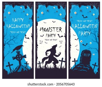 Set of Halloween banners with silhouette of werewolf in cemetery on blue background. Holiday card with bats, eyes and spiders. Illustration for holiday cards, invitations, banners, Halloween templates