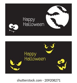 Set of Halloween banners with spooky and crazy monster faces in the dark