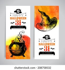 Set of Halloween banners. Typographic poster. Hand drawn sketch and watercolor vector illustrations