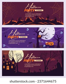 set of halloween banners vector, set of halloween banners, halloween banners set, Halloween Banners with the characters on the background. Night autumn landscape