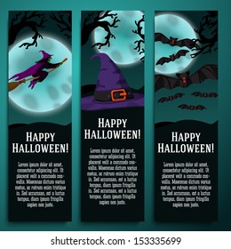 Set of halloween banners with witch, witch hat, bat symbols with moony background and scary tree branches. 