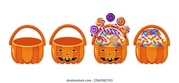 Set of Halloween baskets, full of candy and empty. Bag in the shape of a pumpkin for children. Halloween sweets and treats basket. Cartoon vector illustration.